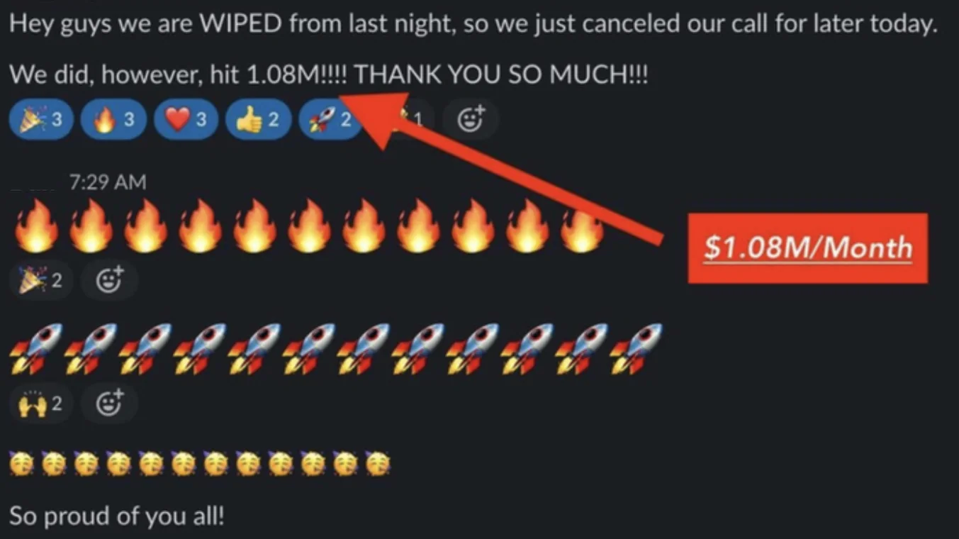 Client message celebrating a 1.08 million dollar month.