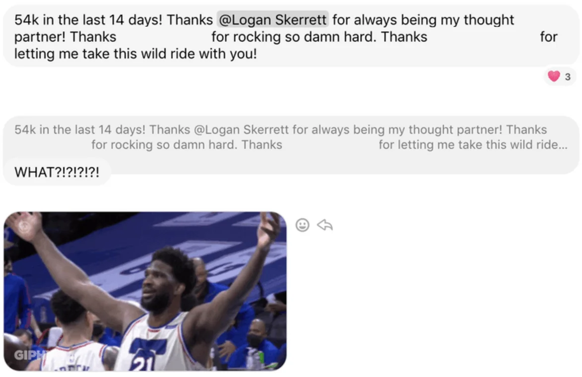 Client message: 54k in the last 14 days, thanking Logan Skerrett.