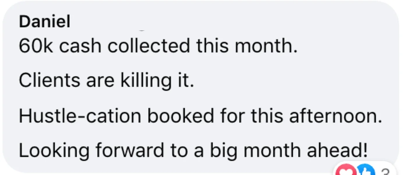 Client message from Daniel: 60k cash collected this month.