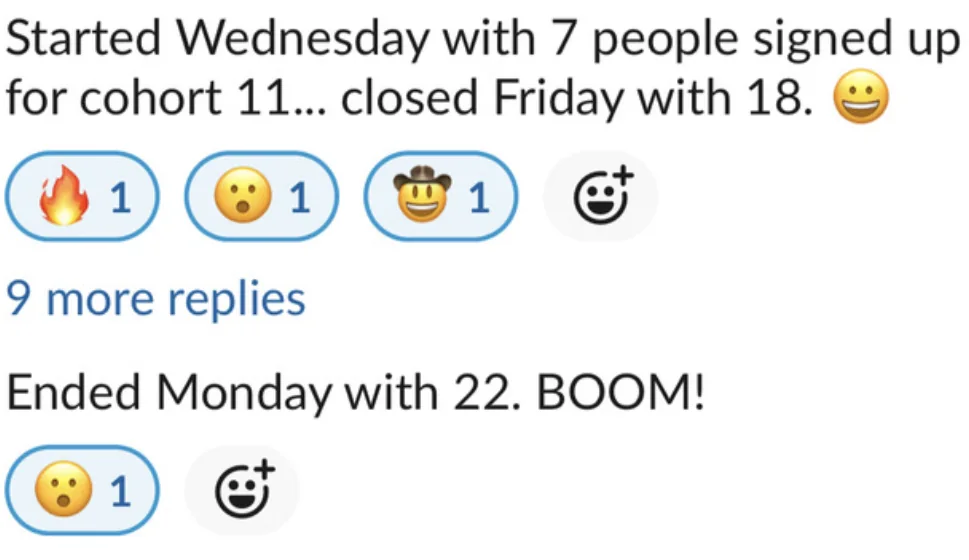 Client message: cohort went from 7 sign-ups on Wednesday to 22 by Monday.