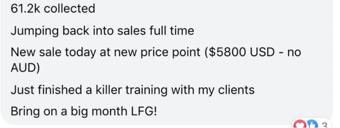 Client message: 61.2k collected and a new sale at a higher price point.