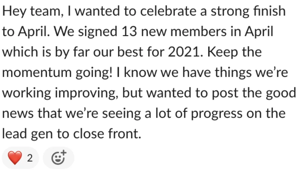 Client message: 13 new members signed in April.
