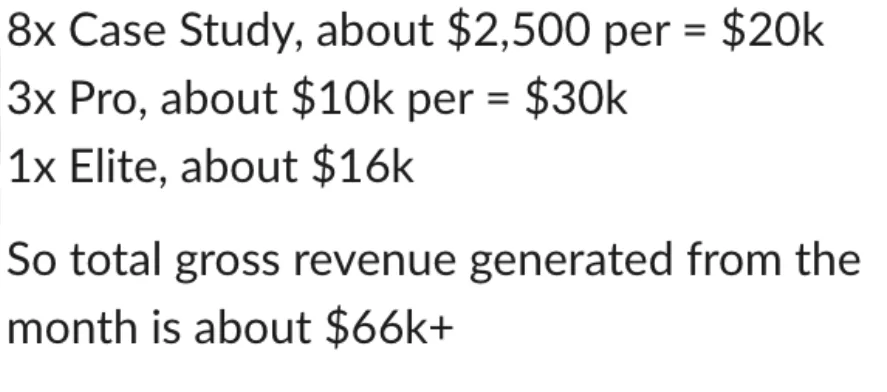 Client message breaking down 66k of gross revenue for the month.